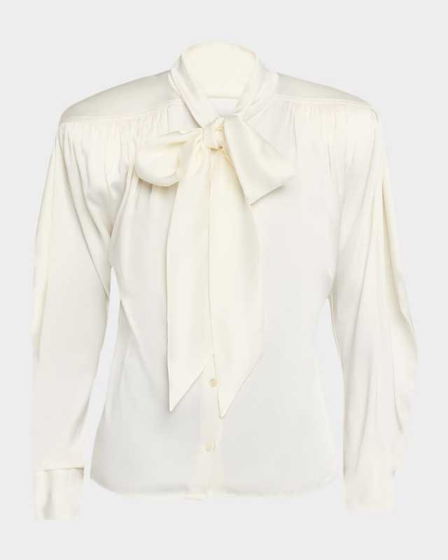 Satin Tie-Neck Padded-Shoulder Shirt